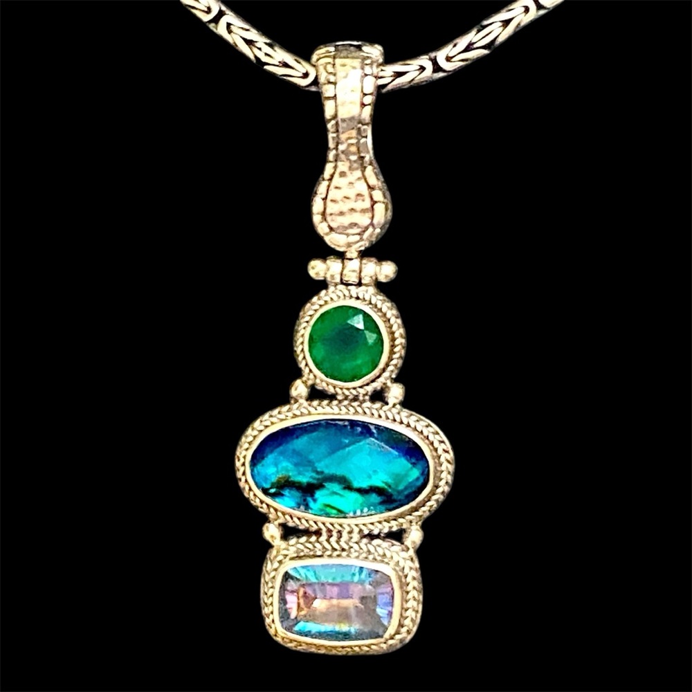 Elegant Sarda Silver Pendant with Green and Blue Stones
